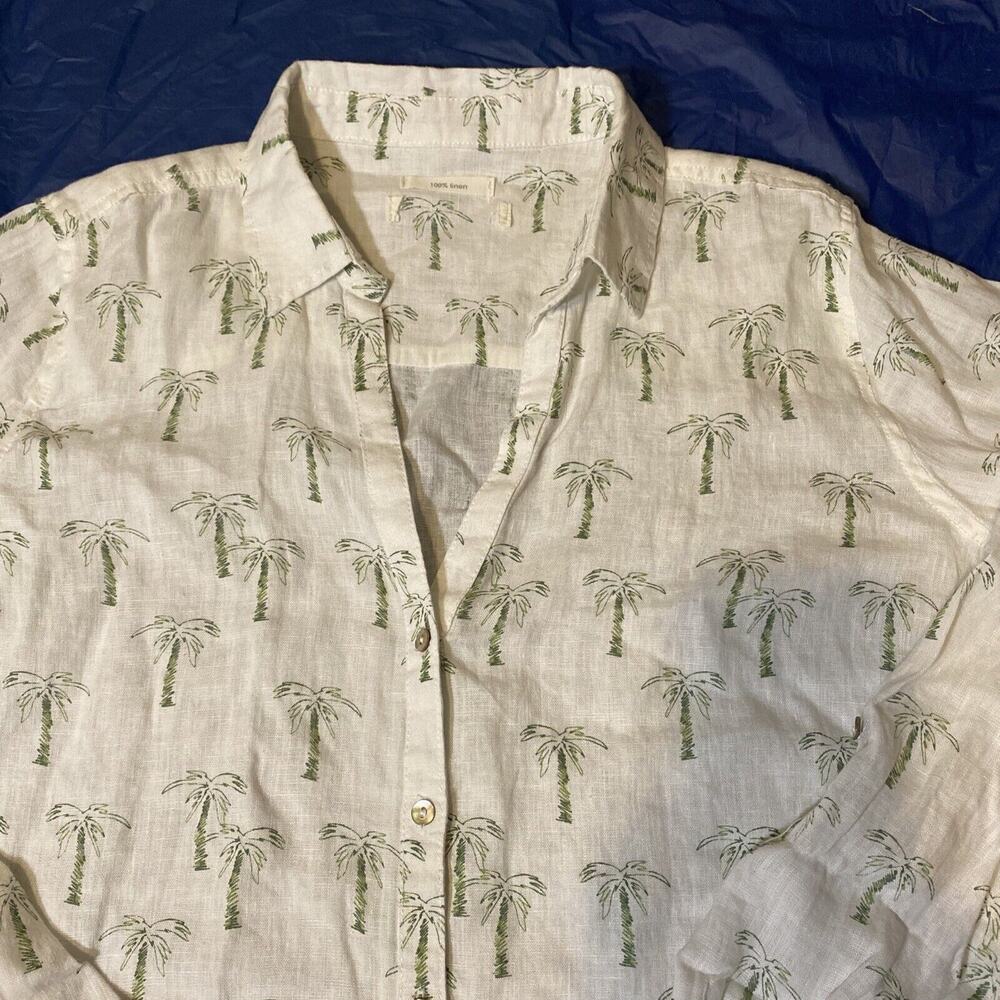 C & C California Womens 100% Linen Shirt White With Green Palm Trees